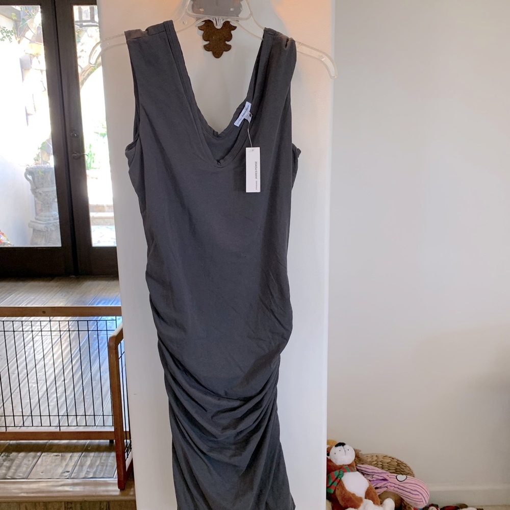 James Perse NWT size L cotton v-neck mid-length dress w side ruching, charcoal
